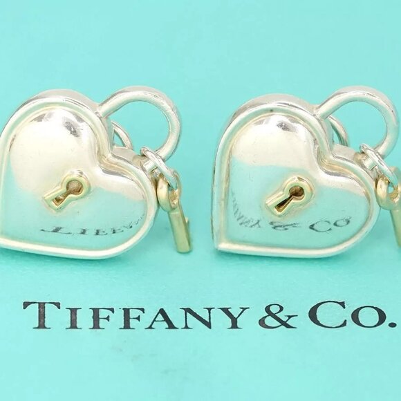 Tiffany & Co. Heart Key Padlock Clip-On Earrings Silver 925 & 18k Gold 750 Auth - Picture 13 of 16